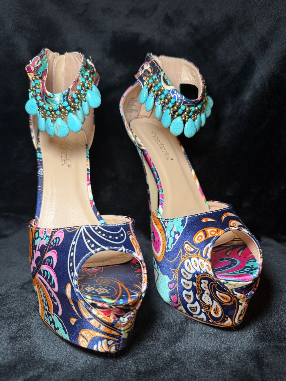 ShoeDazzle Resort Glam Platform Heels US 9 Paisley & Turquoise Statement Shoes
